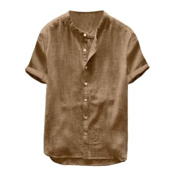 Solid Color Button up Shirt Fasion Mens Short Sleeve Cotton Linen Shirts