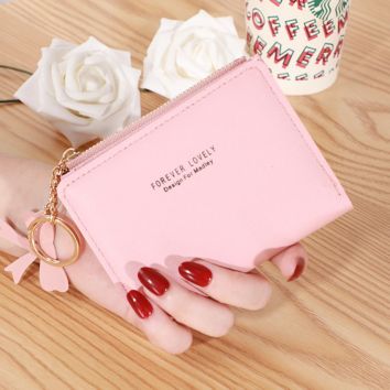 Solid Color Leather Short Minimalist Small Chain Ring Zipper Wallet