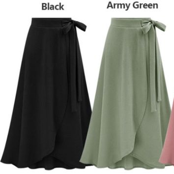 Solid Color Ruffle Elastic Elastic Tie-Waist Large Size High Waist Irregular Mid-Length Long Skirt
