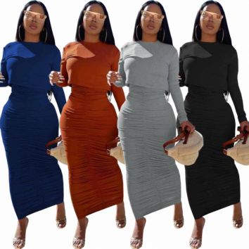 Solid Color Xs Clothing Autumn Long Sleeve Crop Top High-Waist Pleated Package Hip Skirt Women Two Piece Maxi Skirt Set