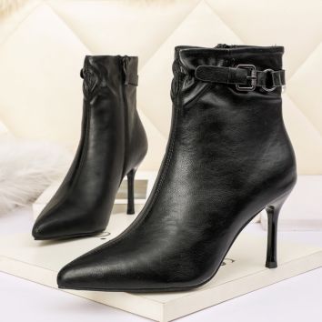 Solid Women High Heel Boots Black Leather Casual Ankle Boots