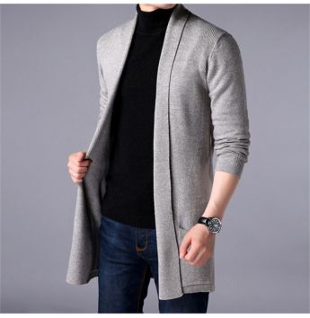 Spring and Autumn Men's Thin Mid-Length Knitted Cardigan Solid Color Sweater