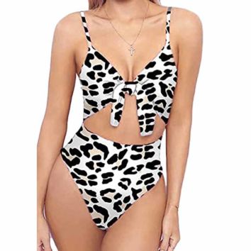 Spring and Womens Strappy One Piece Swimwear Tie Knot Front Bathing Suits Cheetah Print Swimsuit