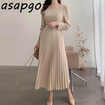 Spring Chic Spring Tight Waist Korean Solid Color Crew Neck Long Sleeve Pleated Casual Dresses Woman Lady