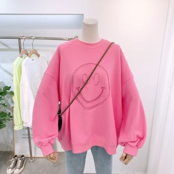 Spring Hollow Smiley Face Cotton Sweatshirt Korean Large Size round Neck Long Sleeve Pullover Lazy Style Women Hoodie Top