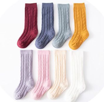 Spring Knee High Girl Socks Kids Solid Plaid Color Cable Knit Cotton Infant over Knee Socks