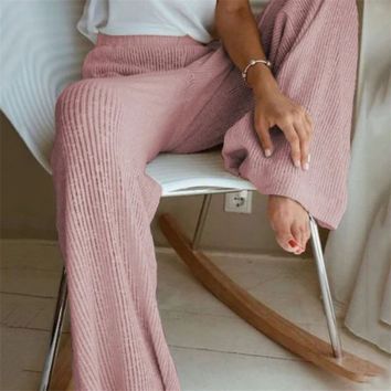 Spring Knitted Casual Pants High Waist Wide Leg Trousers for Women