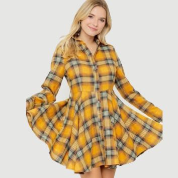 Spring Long Sleeve Button down Lined Casual Skater Plaid Shirt Dresses for Women