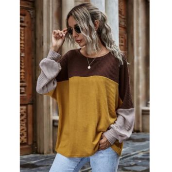 Spring Women Color Blocking Stitching Casual Loose Long Sleeve round Neck Pullover Top