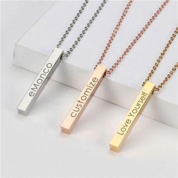 Stainless Steel Engraved Logo Square Strip 3D Gold Plated Vertical Personalized Bar Pendant Necklace