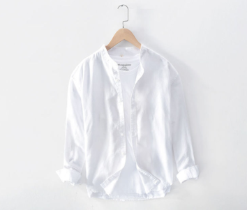 Standing Collar Cotton Linen Shirt Men Loose Long Sleeve Linen Shirt with White Breathable