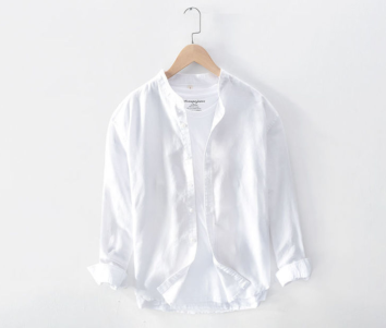 Standing Collar Cotton Linen Shirt Men Loose Long Sleeve Linen Shirt with White Breathable