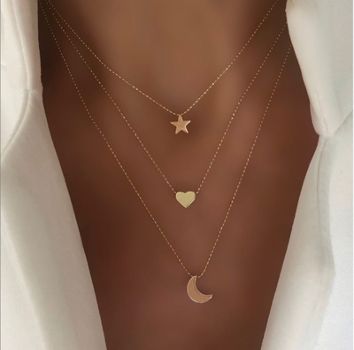 Star Moon Heart Pendant Choker Necklace for Women Multi Layers Gold Plated Gift Jewelry