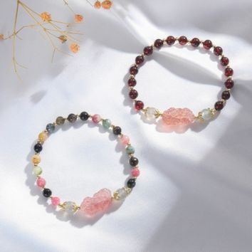 Strawberry Crystal Pixiu Charm Elastic Garnet Tourmaline Beaded Bracelets for Women and Girls
