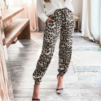 Street Casual Pants for Ladies Stylish Leopard Print Mid Waist Drawstring Women's Long Pant