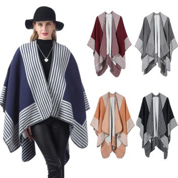 Stripe Printing Design Acrylic Poncho Cloak Thick Warm Multicolor Poncho Shawls for Women Wool Spinning Shawl