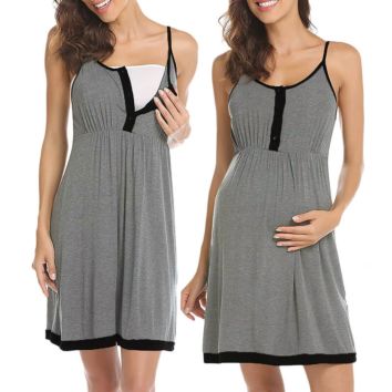 Stunning Maternity Mom Sleeveless Knee Length Button Empire Waist Spaghetti Strap Front Feeding Sleepwear Dress