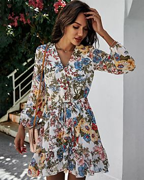 Style Chiffon Flower Dresses V-Neck Long-Sleeved Floral Print Casual Women Dress