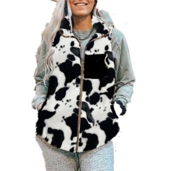 Style Ladies Tops Casual Stand-Up Collar Plush Warm Cow Print Vest Sleeveless Jacket Coat with Zipper