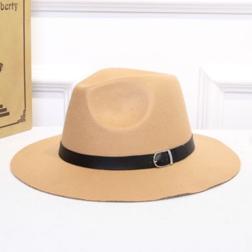 Style Woollen Hat Big Brim Buckle and British Pu Leather Belt Fedora Hat for Ladies