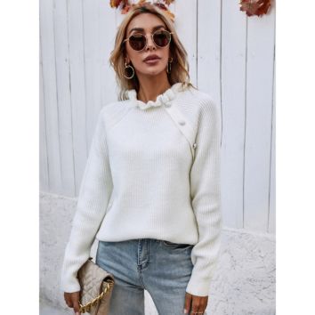 Sugar Design Casual Fall Sweaters Women Ruffle Neck Knit Fitness Sweater