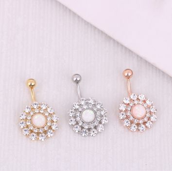 Surgical Steel Crystal Paved Petite Flower Belly Ring with Opal Center Belly Button Piercing Jewelry