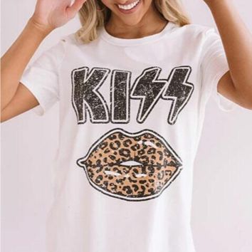 T Shirt Women Kiss Letter Print Leopard Lip round Neck Short Sleeve Woman Tee Tops Casual Female T-Shirts plus Size