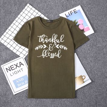 Thankful Blessed Women Aesthetics Graphic Leaves T-Shirt Casual Cotton round Neck Tumblr T Shirt Women Top Tees