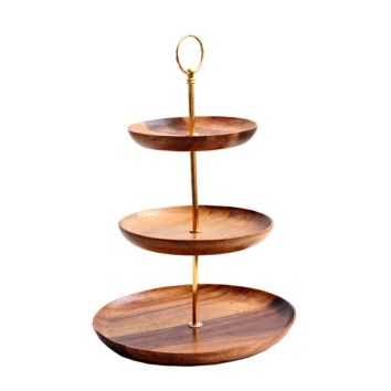 Three Tiers Display Gift Dessert Luxury Acacia Wooden Tray Serving Wedding Tray Metal Shelf