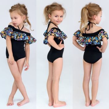 Toddler Kids Baby Girl Print Ruffle Collar off Shoulder Swimwear Swimsuit Bathing Suit Beachwear Leopard One Piece Swimsuit