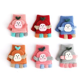 Toddler Kids Knitted Convertible Gloves Christmas Cartoon Monkey Warm Soft Lined Flip Top Fingerless Mittens Baby Gloves