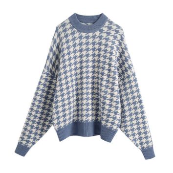 Top Direct Women Crew O-Neck Long Sleeve Knitted Ladies Oversize Houndstooth Pullover Sweater