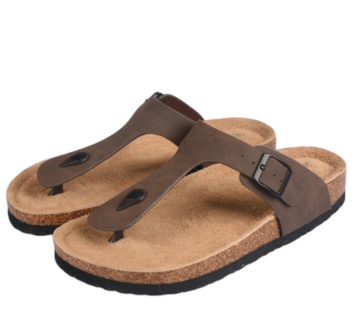 Top Men Buckle Straps Cork Sole Slip Slippers Sandals with Cow Leather Feet Bed