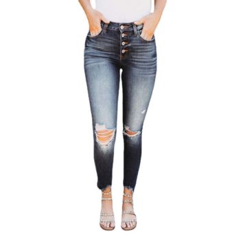 Top Women's High Elastic Ripped Skinny Jeans Button Slim Mid-Waist Jeans Women's Denim Trousers