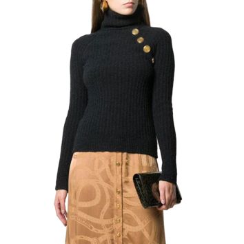 Twotwinstyle Casual Patchwork Buttons Asymmetrical Turtleneck Long Sleeve Knitted Sweater