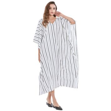 Twotwinstyle V Neck Batwing Short Sleeve Loose Oversized Striped Dress for Women