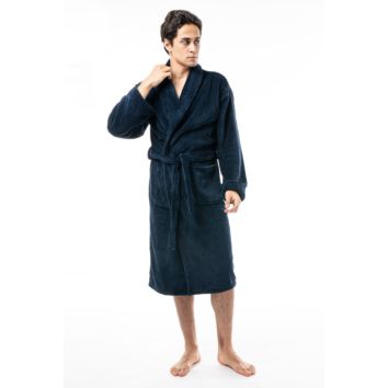 Unisex Navy Robe with Shawl Collar Warm Long Full Length Plush Soft Nightgown Bathrobe for Men