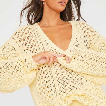V-Neck Long Sleeve Knit Top Women Fashionable Solid Color V-Neck Womens Knit Loose Hollow-Out Sweater