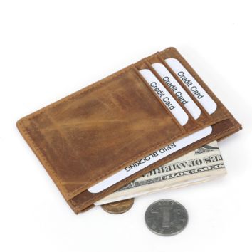 Vintage Genuine Leather Foldable Rfid Slim Card Holder Wallet for Men