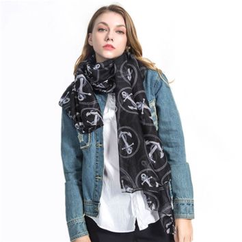 Vintage Style Scarves Navy Blue Cartoon Anchor Printed Young Women Cotton Shawls Scarf M Size