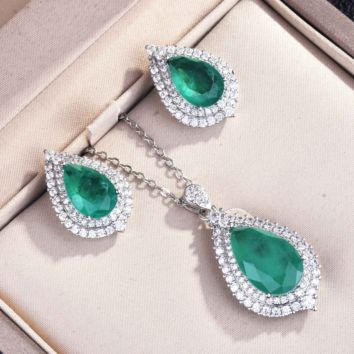 Vintage Water Drop Stud Earrings Green Cubic Zircon Luxury Pendant Necklace for Women Wedding Engagement Bridal Jewelry Gift