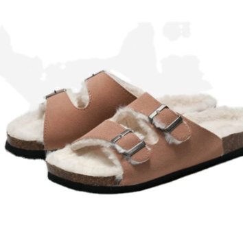 Warm Double Breasted Leather Pu Flat Bottom Casual Beach Cork Roman Slippers