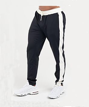White Waist Band and Side Block Men Zipper Black Joggers Slim Fit Tight Shape Long Pants with Zip Pockets