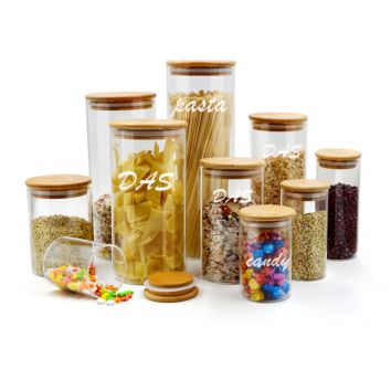 Wide Mouth round High Borosilicate Bamboo Glass Jar Artight Kitchen Food Spice Glass Storage Jar and Containers with Bamboo Lid