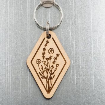 Wildflower Wood Art Keychain Carving Wood Keychain