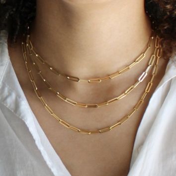 Women 14K Gold Filled Paper Clip Chain Necklace Stainless Steel Rectangle Long Link Paperclip Choker Necklace