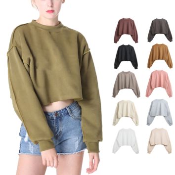 Women Blank Unbranded Edged Crop Top Crewnecks Sweatshirt Cotton French Terry Sweatshirt