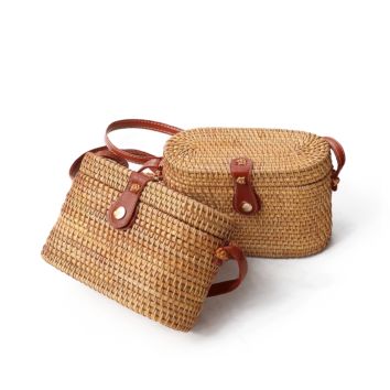 Women Box Shoulder Handmade Ladies Woven Handbags Beach Tote Straw Clutch Bag with Leather Handle