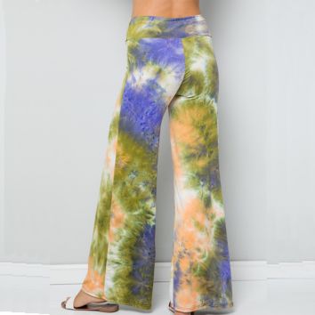 Women Clothing Rayon Spandex Tie Dye Fold over Waist Straight Wide Leg Full Length Palazzo Pants