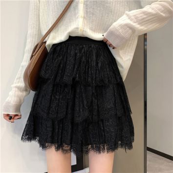 Women Floral Lace Mesh&Tulle Mini Pleated Skirt Showgirl Party Dance Skirts Layered Ruffled Skirt Match Corset